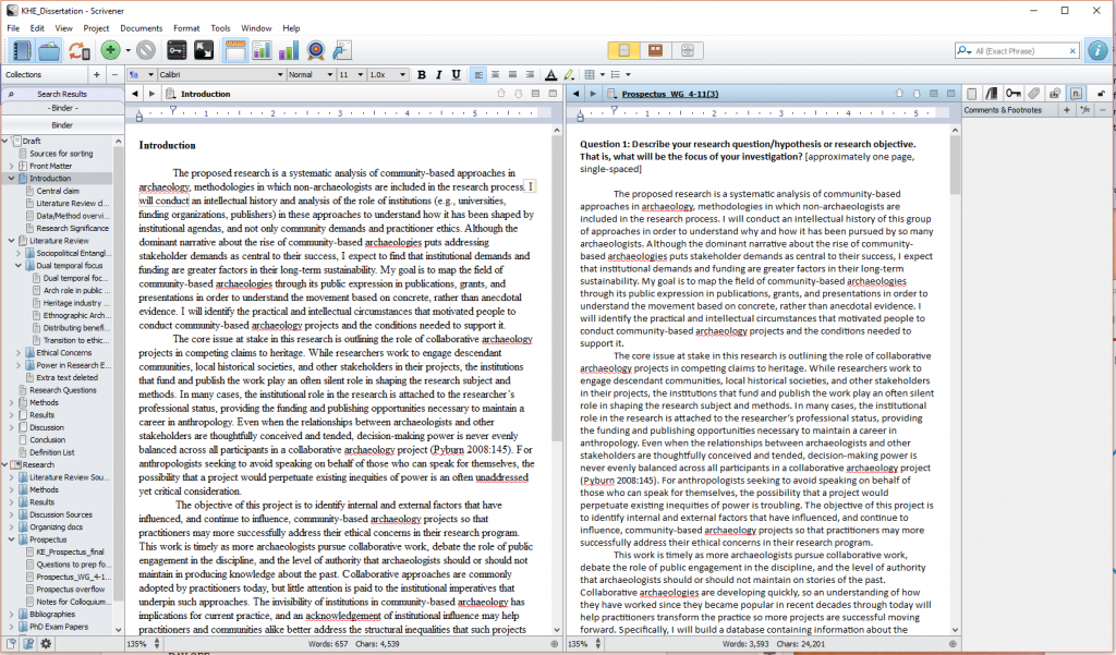 Screenshot of my Scrivener work screen with two documents open side-by-side and note panel